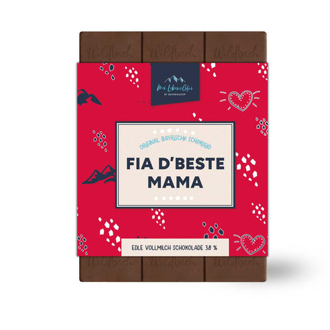 Wildbach Schoklad Fia d'beste Mama, edle Vollmilchschokolade 38% mit roter bayrischer Verpackung.