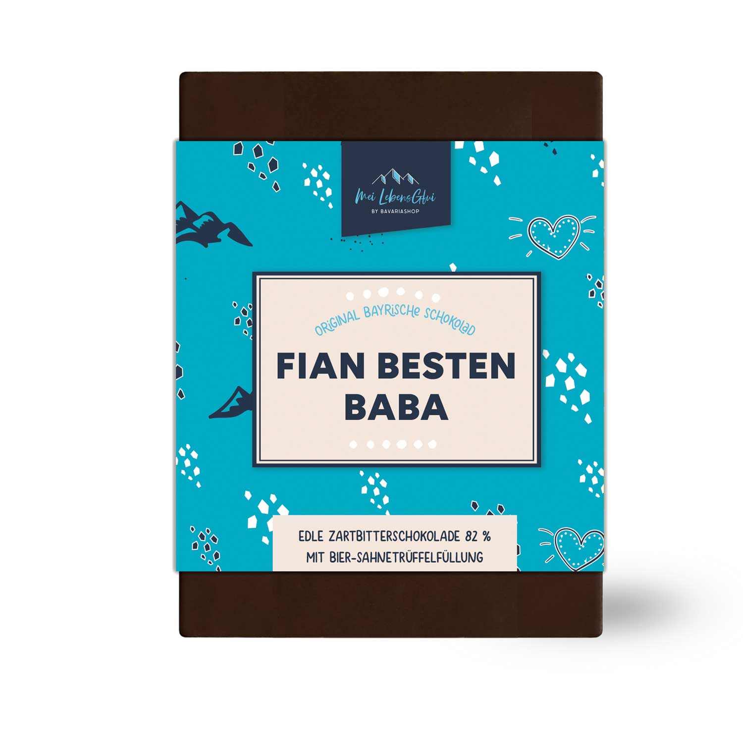 Schokolad "Fian besten Baba": Zartbitterschokolade 82% mit Bier-Sahnetrüffelfüllung und weiß-blauem Bergdesign.