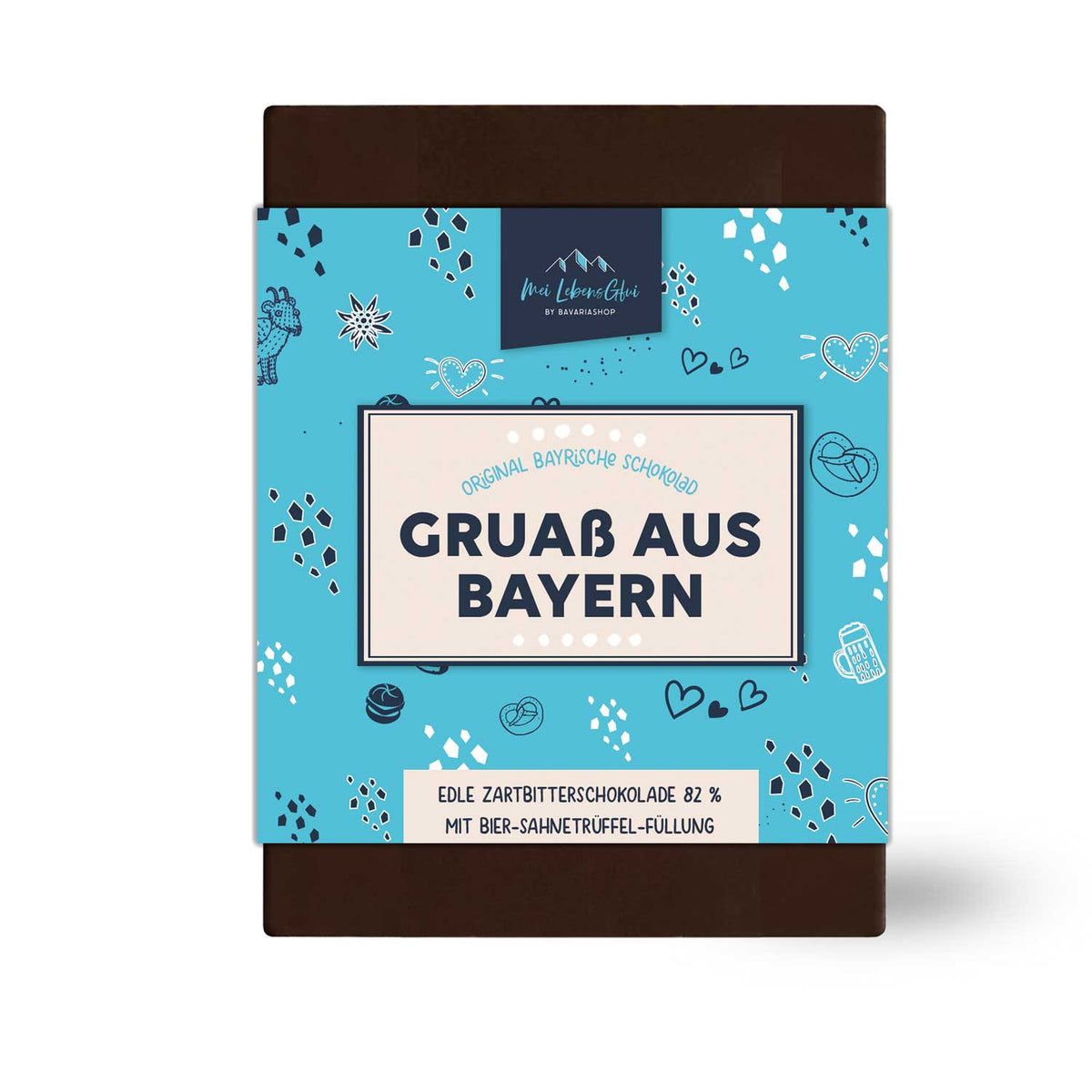 Schokolad Gruaß aus Bayern, edle Zartbitterschokolade 82% mit Bier-Sahnetrüffel-Füllung in blauer Verpackung.