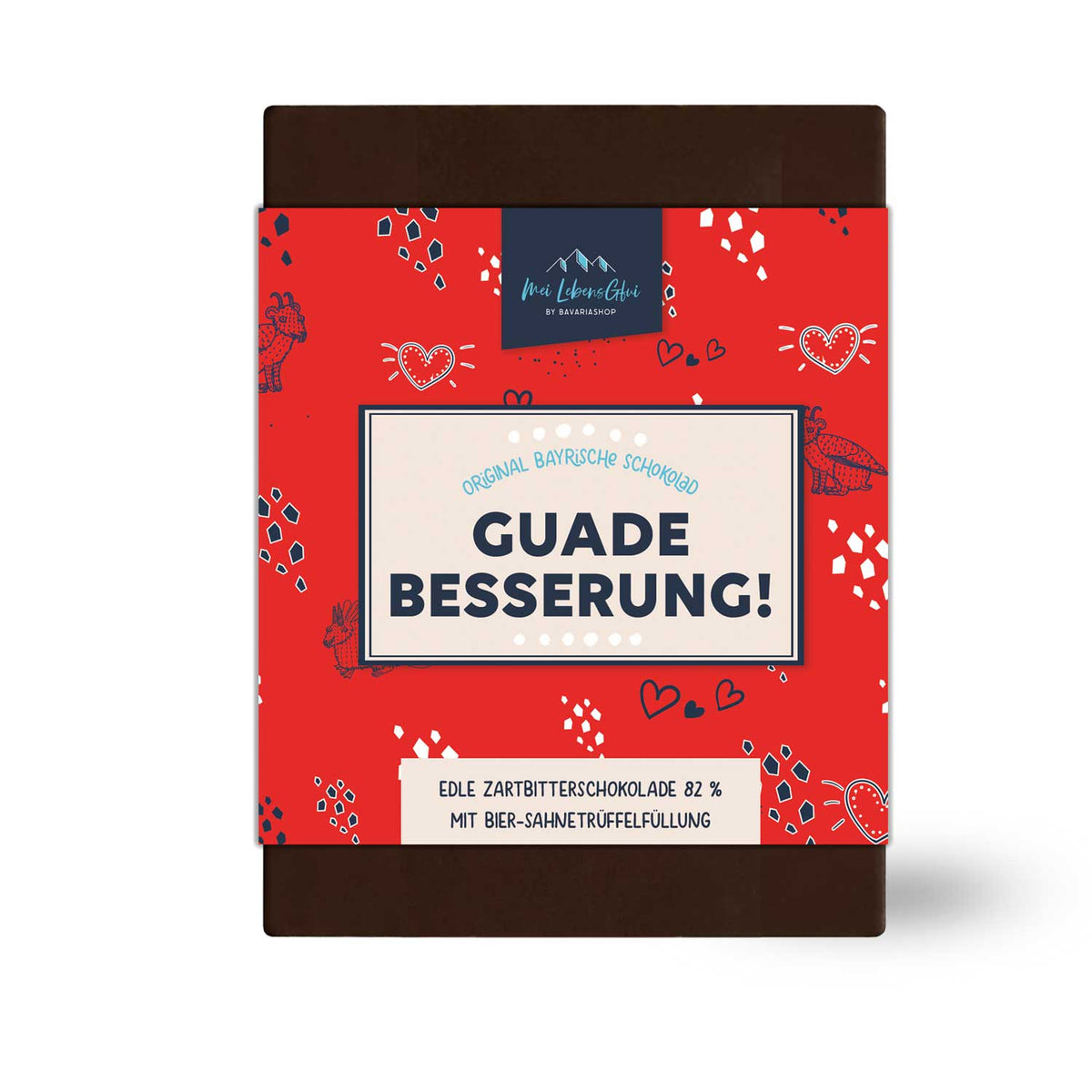 Schokolad Guade Besserung mit bayerischem Design, Zartbitterschokolade 82% und Bier-Sahnetrüffelfüllung Geschenk.
