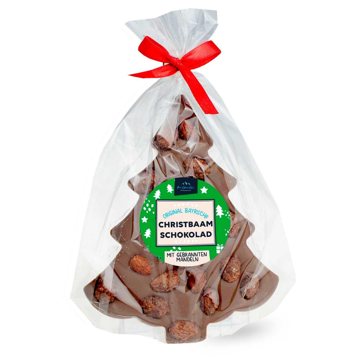 Weihnachtsbox Tannenbaam: Eine Tannenbaum-Schokoladenfigur mit gebrannten Mandeln in Geschenkverpackung.