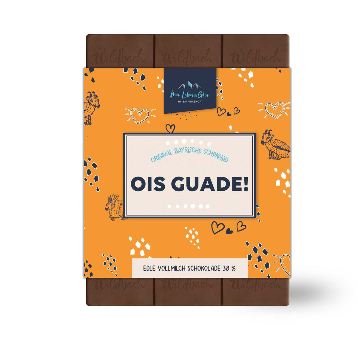 Edle Vollmilch Schokolade "Ois Guade!" mit orangefarbener Verpackung und bayerischen Motiven.
