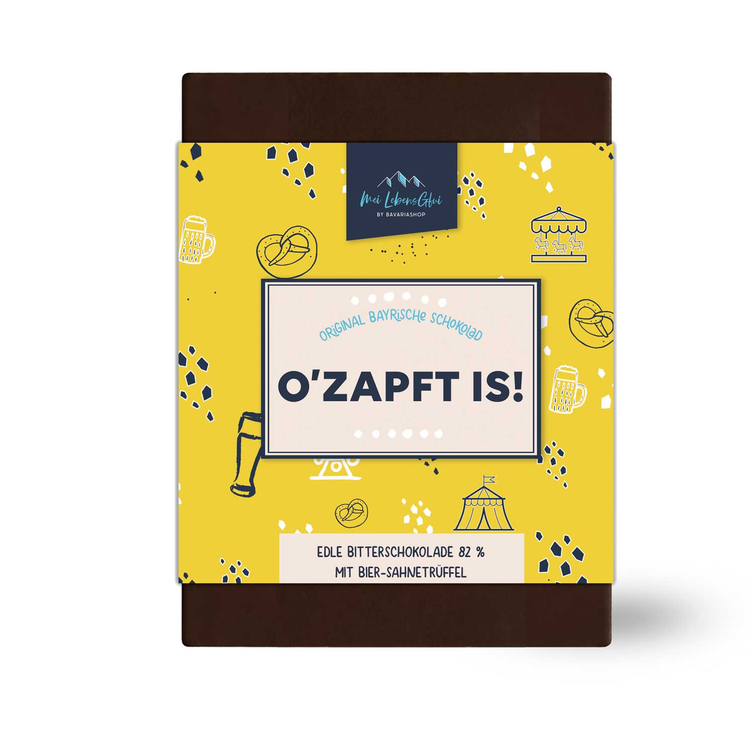 Schokolad O'zapft is! mit Bier-Sahnetrüffel. Gelbe Verpackung mit Oktoberfest-Motiven wie Bierkrug und Brezel.