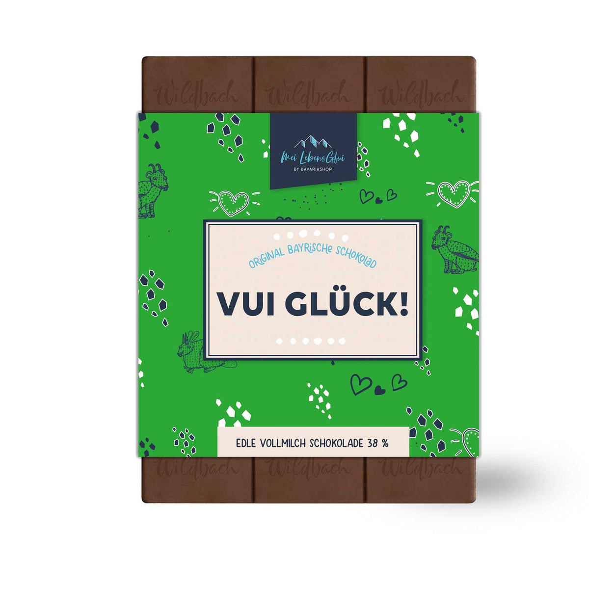 Schokolad Vui Glück, edle Vollmilchschokolade 38% mit grünem Etikett und bayerischem Motiv.