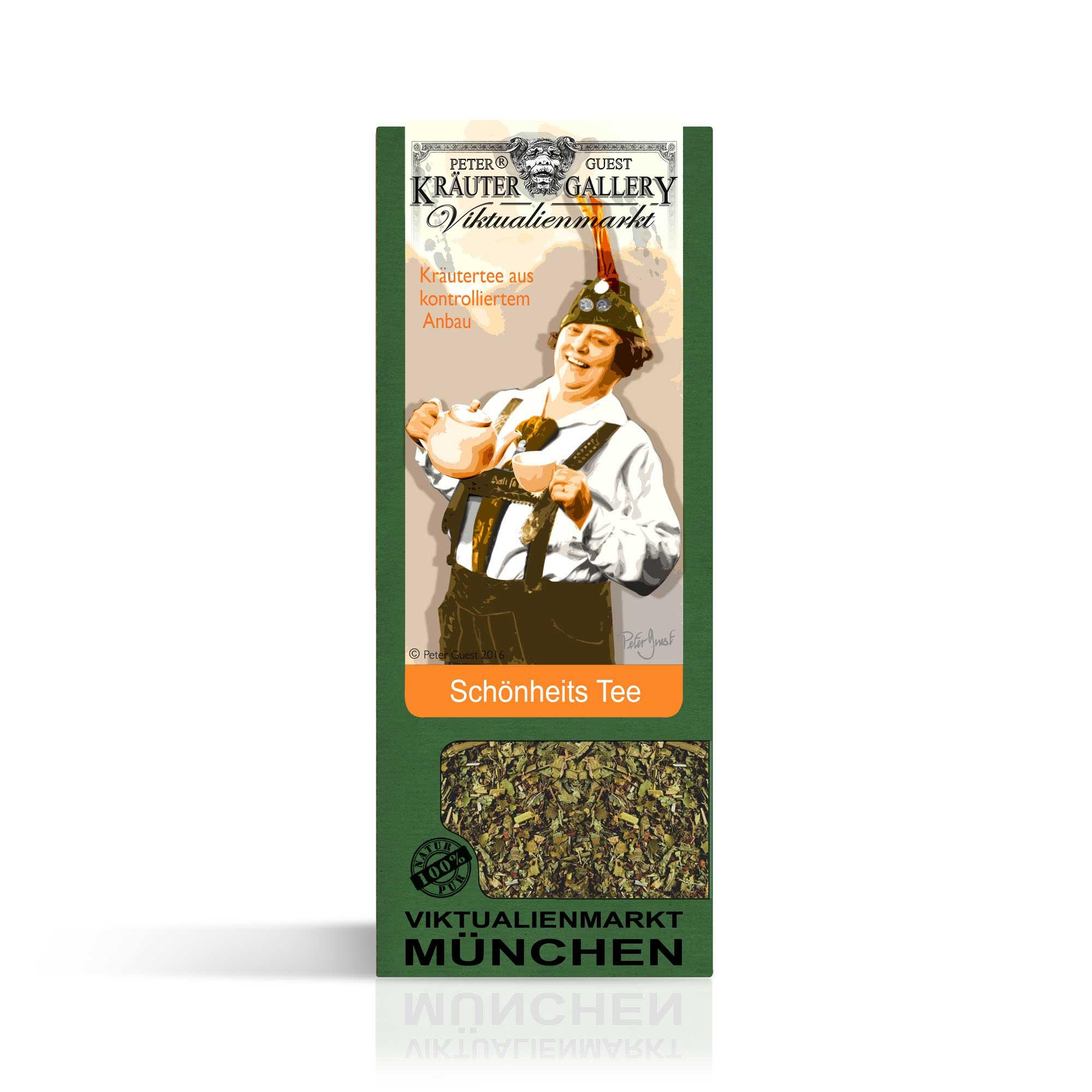Grüne Teepackung Viktualienmarkt München Schönheits Tee mit Aufschrift Kräutertee aus kontrolliertem Anbau.