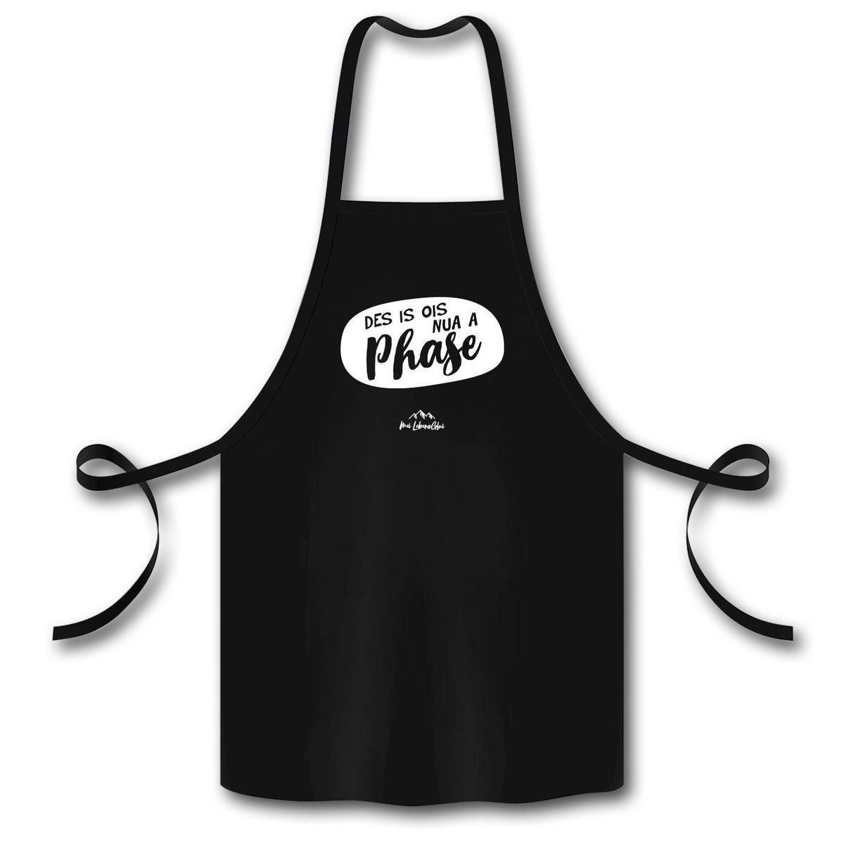 Schwarze Kochschürze Des is ois nur a Phase mit weißem Spruch und Alpenmotiv, ideal zum Kochen.