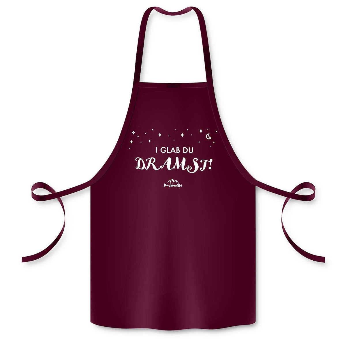 Dunkelrote Schürze "I glab du dramst!" mit weißem Spruch und Alpenmotiv, ideal für Küche oder Grillen.