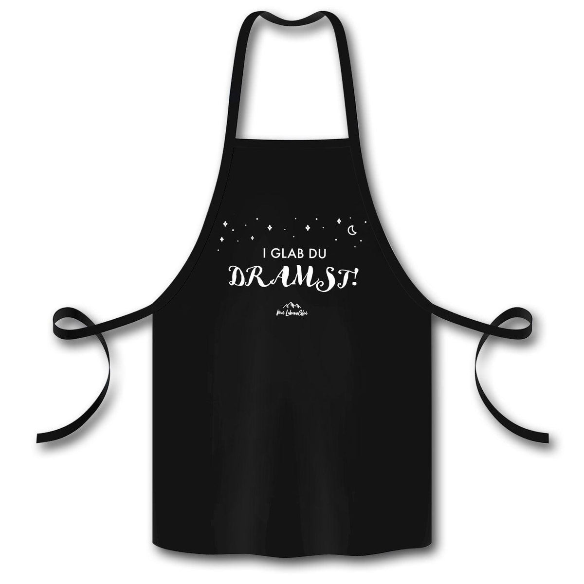 Schwarze Schürze "I glab du dramst!" mit weißem Spruch und funkelnden Sternen, Ideal für Küche und Grill
