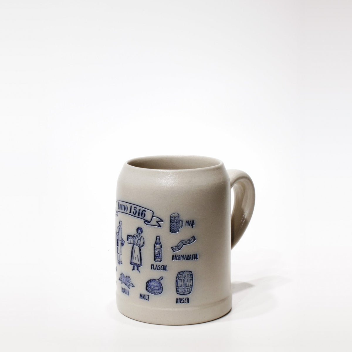 Salzglasierter Steinkrug 0,5 l mit geprägten Motiven, von Hand blau ausgelegt
