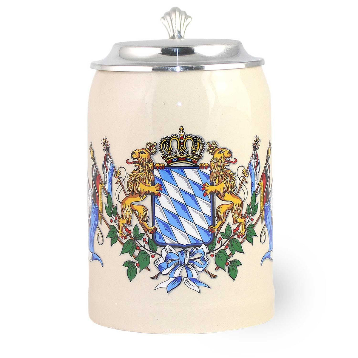 Bierkrug mit Zinndeckel: weiß-blaues Rautenwappen mit Krone und zwei goldenen Löwen