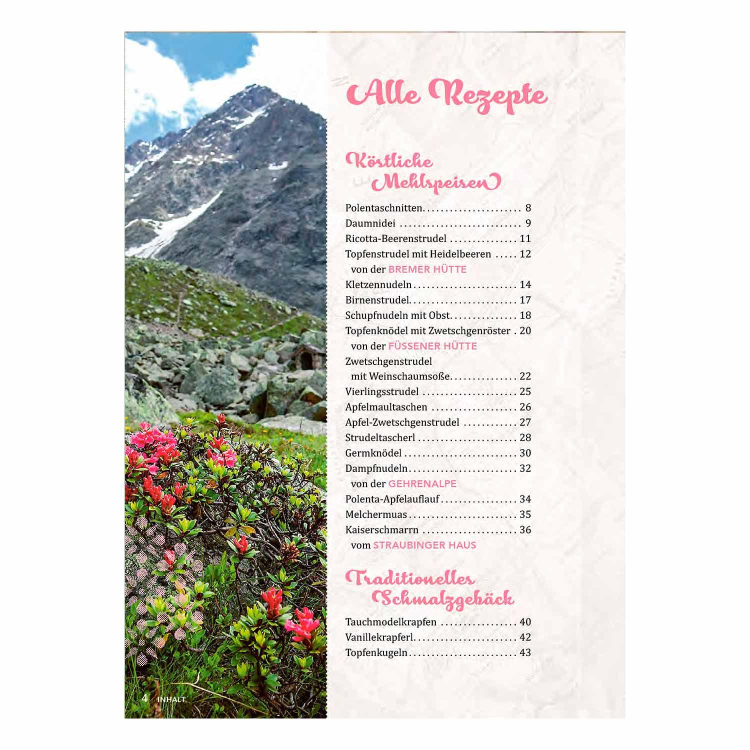 Inhaltsverzeichnis der "Süßen Alpenküche" mit Rezepten für Mehl- und Schmalzspeisen, Alpenblumen & Berg.