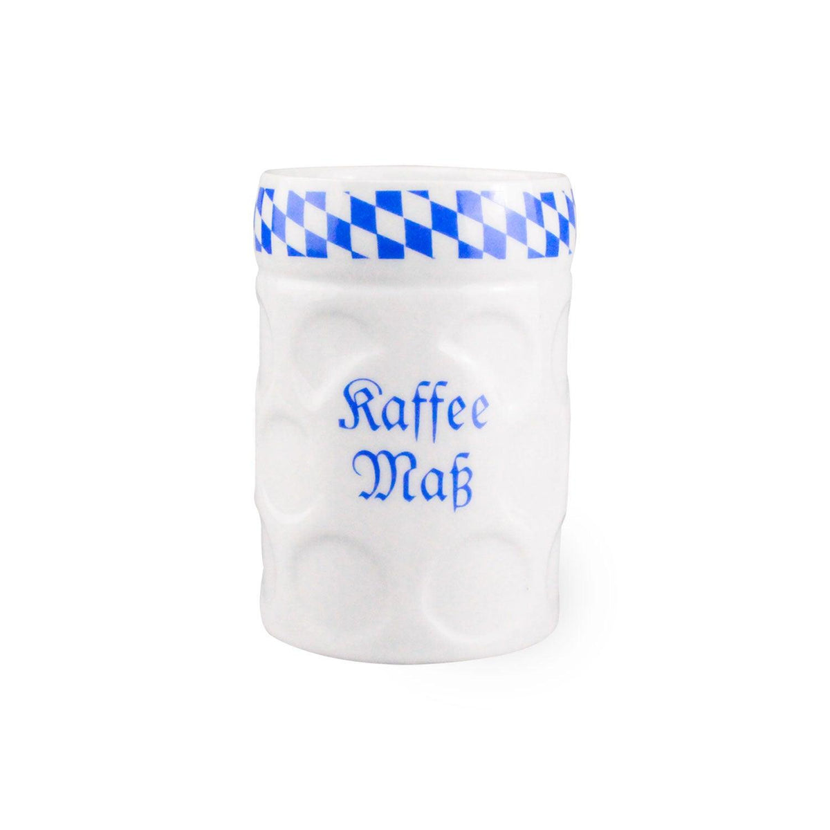 Weiße Porzellantasse in Bierkrug-Form mit blauem Rautenmuster und Schriftzug, Fassungsvermögen 250 ml.