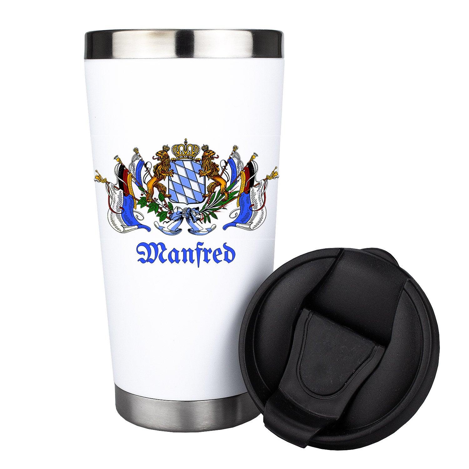Weißer Thermo-Becher Bayern mit Wunschname Manfred, bayerischem Wappen, schwarz abnehmbarem Deckel.