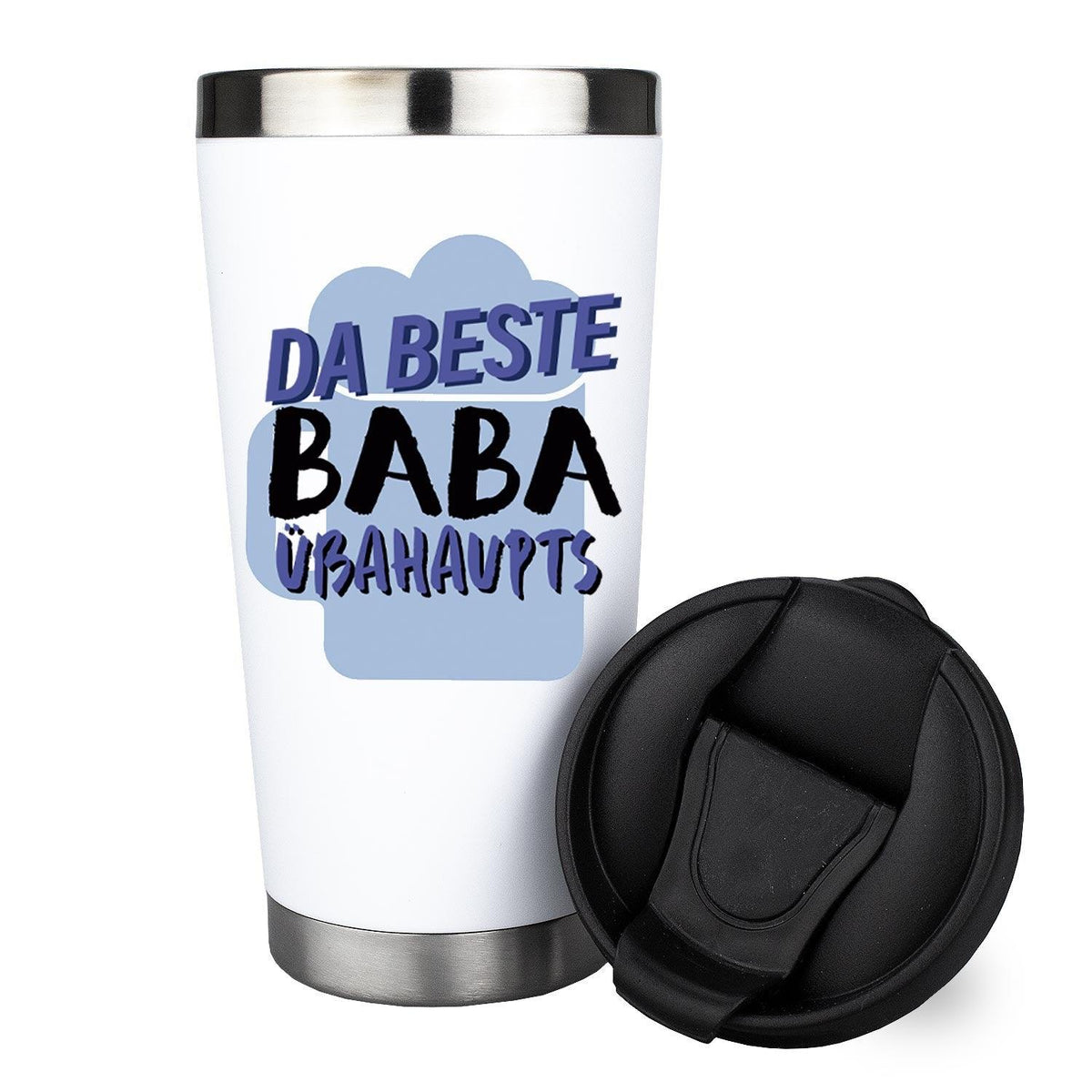 Weißer Thermo-Becher Bester Baba mit blauem Schriftzug und schwarzem Deckel, Geschenk für Väter