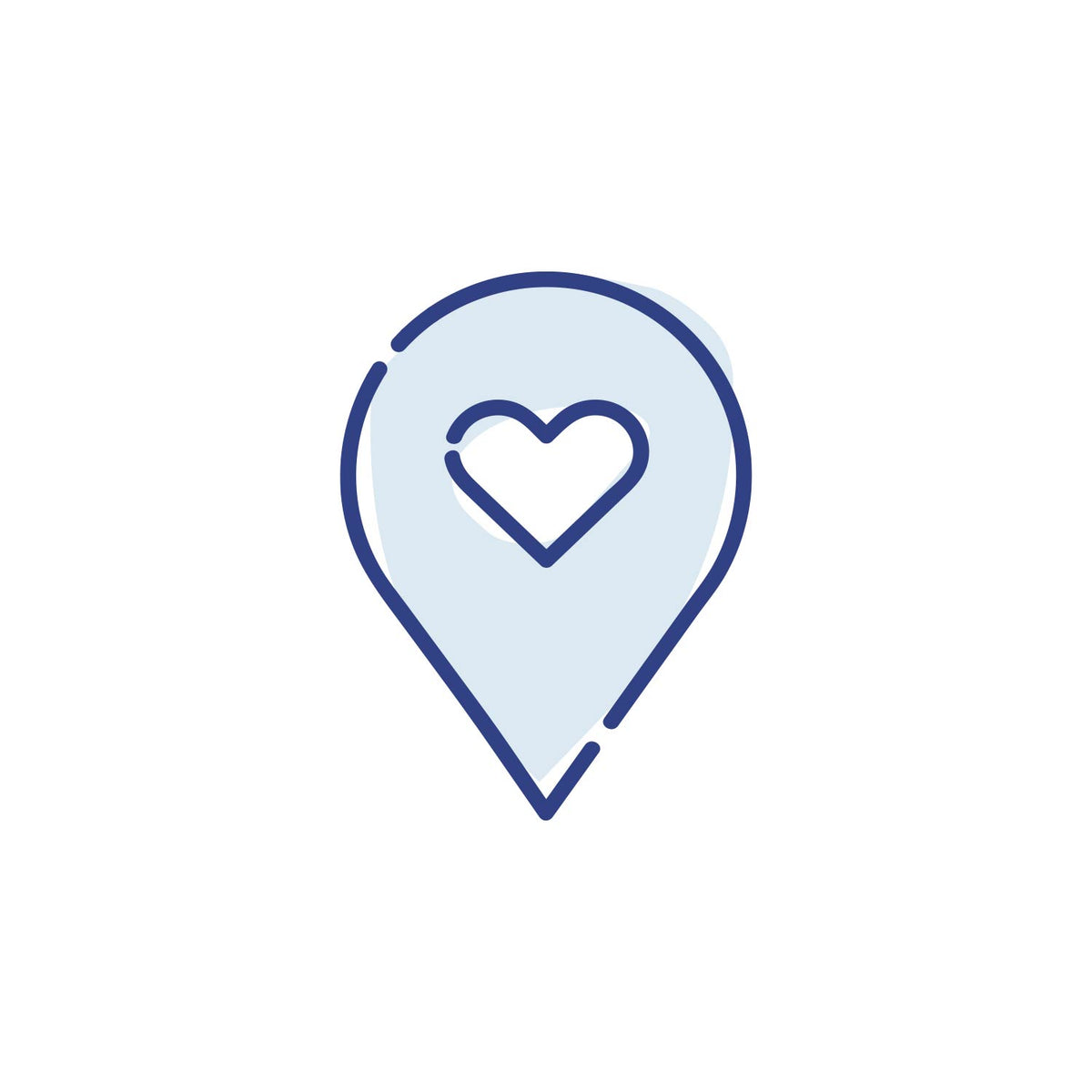Standort-Pin-Symbol mit integriertem blau umrandeten Herz; Favoriten-Icon für Produkte oder Orte.
