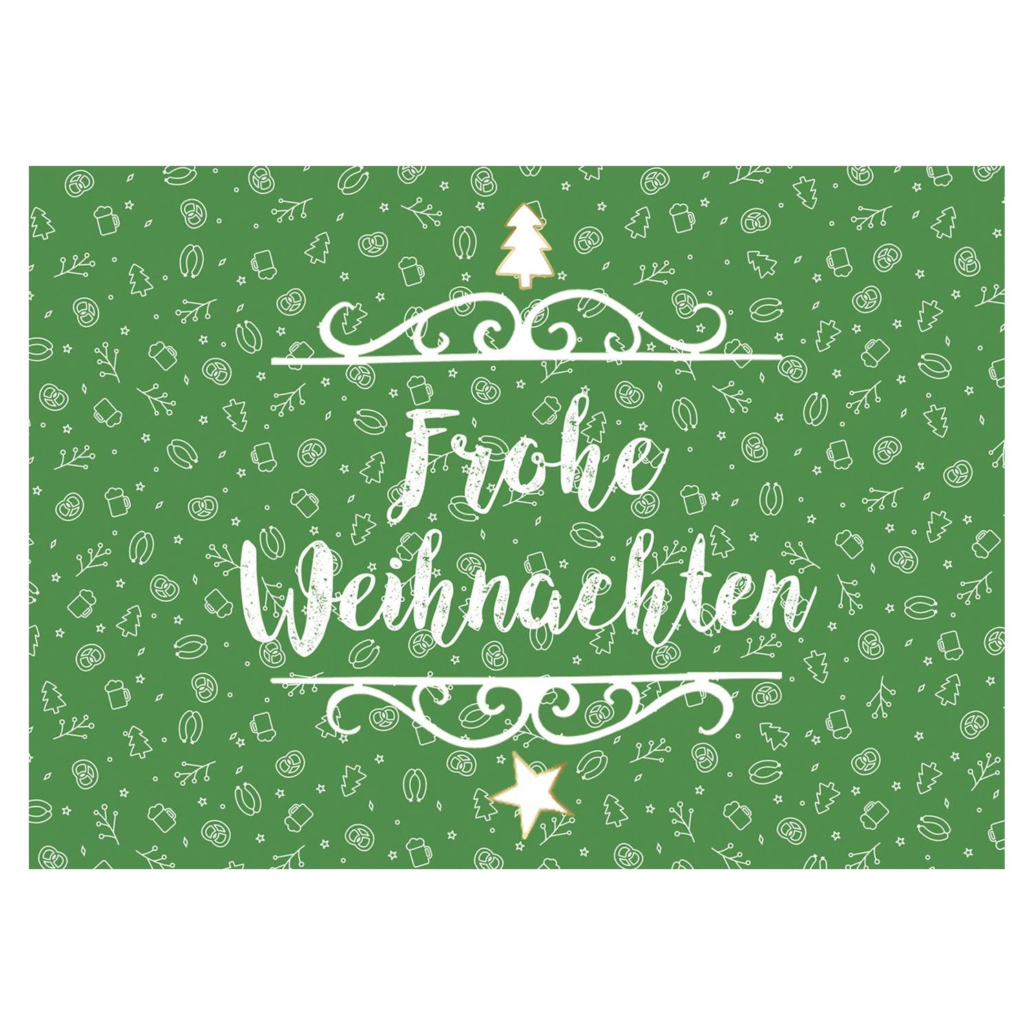 Weihnachts-Grußkarte mit weißem "Frohe Weihnachten" Schriftzug auf grünem Hintergrund, verziert mit bayerischen Motiven.