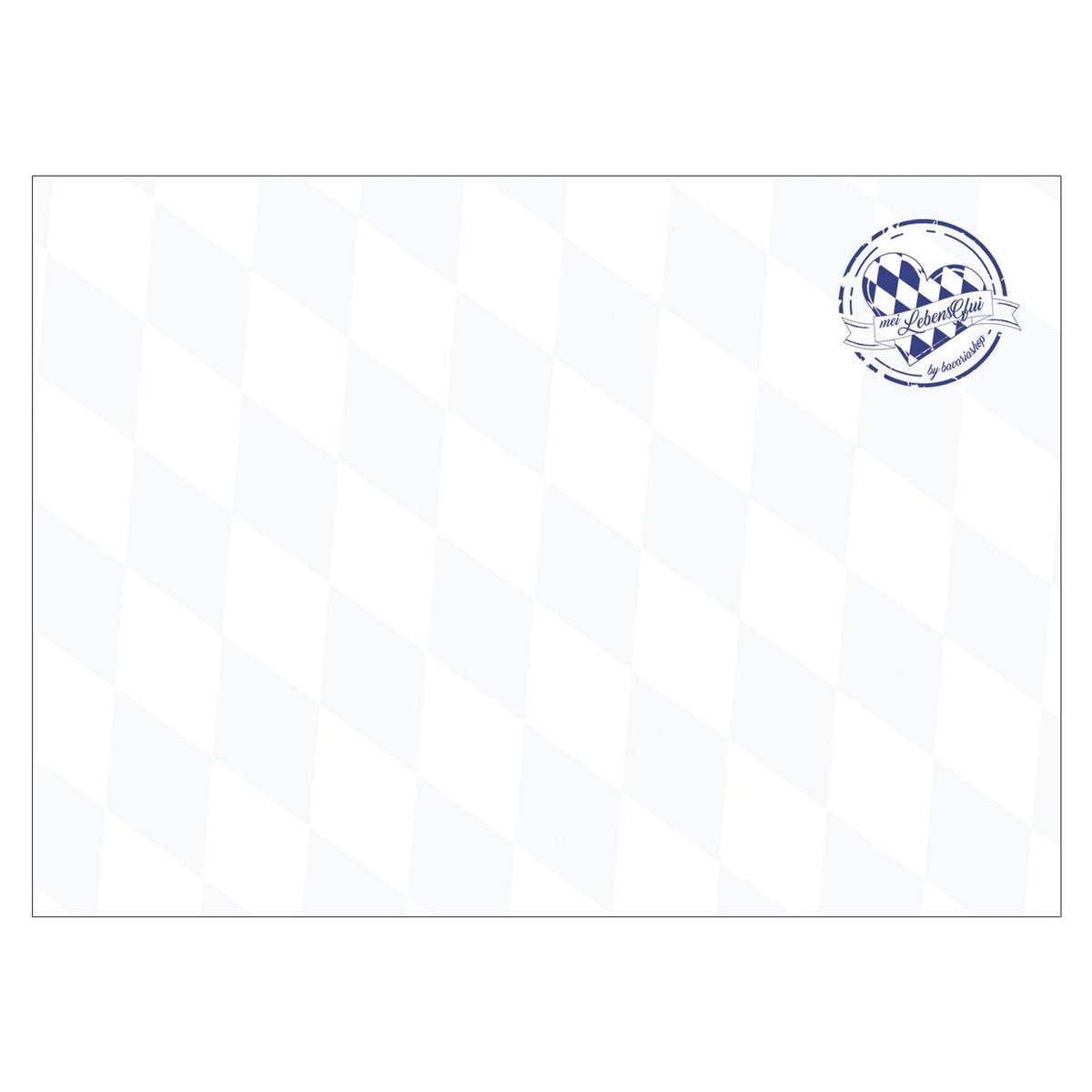 Weiße Weihnachts-Grußkarte Frohe Weihnachten mit dezentem bayerischem Rautenmuster im Hintergrund und herzförmigem Stempel.