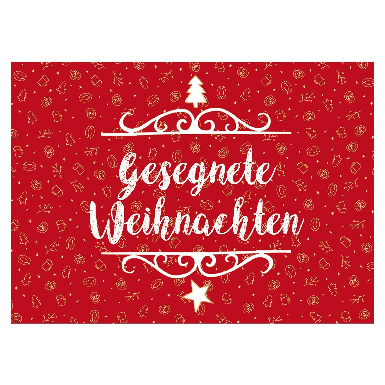 Weihnachts-Grußkarte "Gesegnete Weihnachten" mit weißer Schrift auf rotem Hintergrund und goldenen Motiven.
