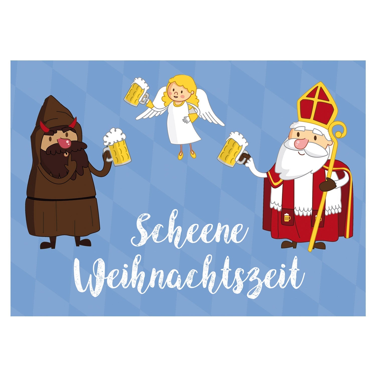Lustige Weihnachts-Grußkarte Scheene Weihnachtszeit mit Krampus, Engel und Nikolaus, die Bierkrüge halten.
