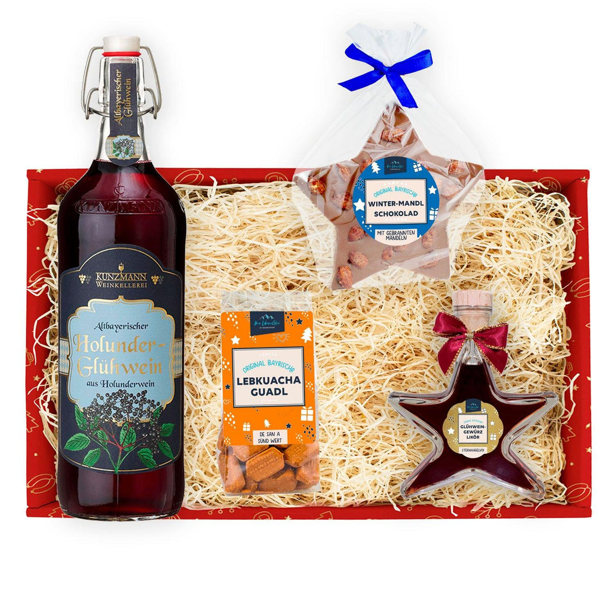 Weihnachtsbox Christkindl mit Holunderglühwein, Stern-Schokolade, Lebkuchen, und Glühweinlikör in roter Geschenkbox.