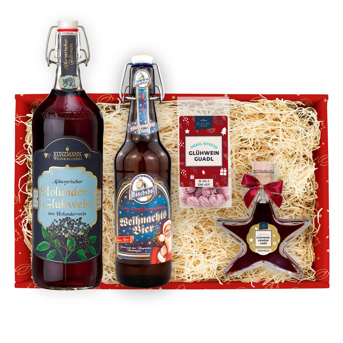 Weihnachtsbox Prost mit Holunder-Glühwein, Mönchshof Weihnachtsbier, Glühwein-Lakritz und Likör.