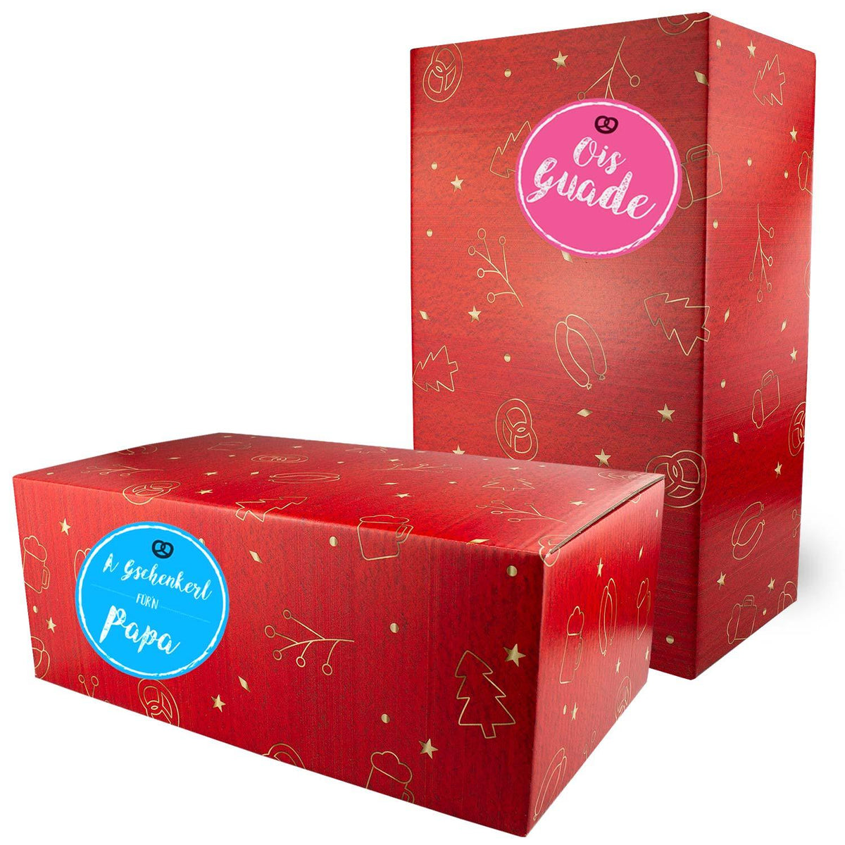 Rote Weihnachtsbox zum Selbstbefüllen mit goldenen bayerischen und weihnachtlichen Motiven, zwei unterschiedliche Größen.