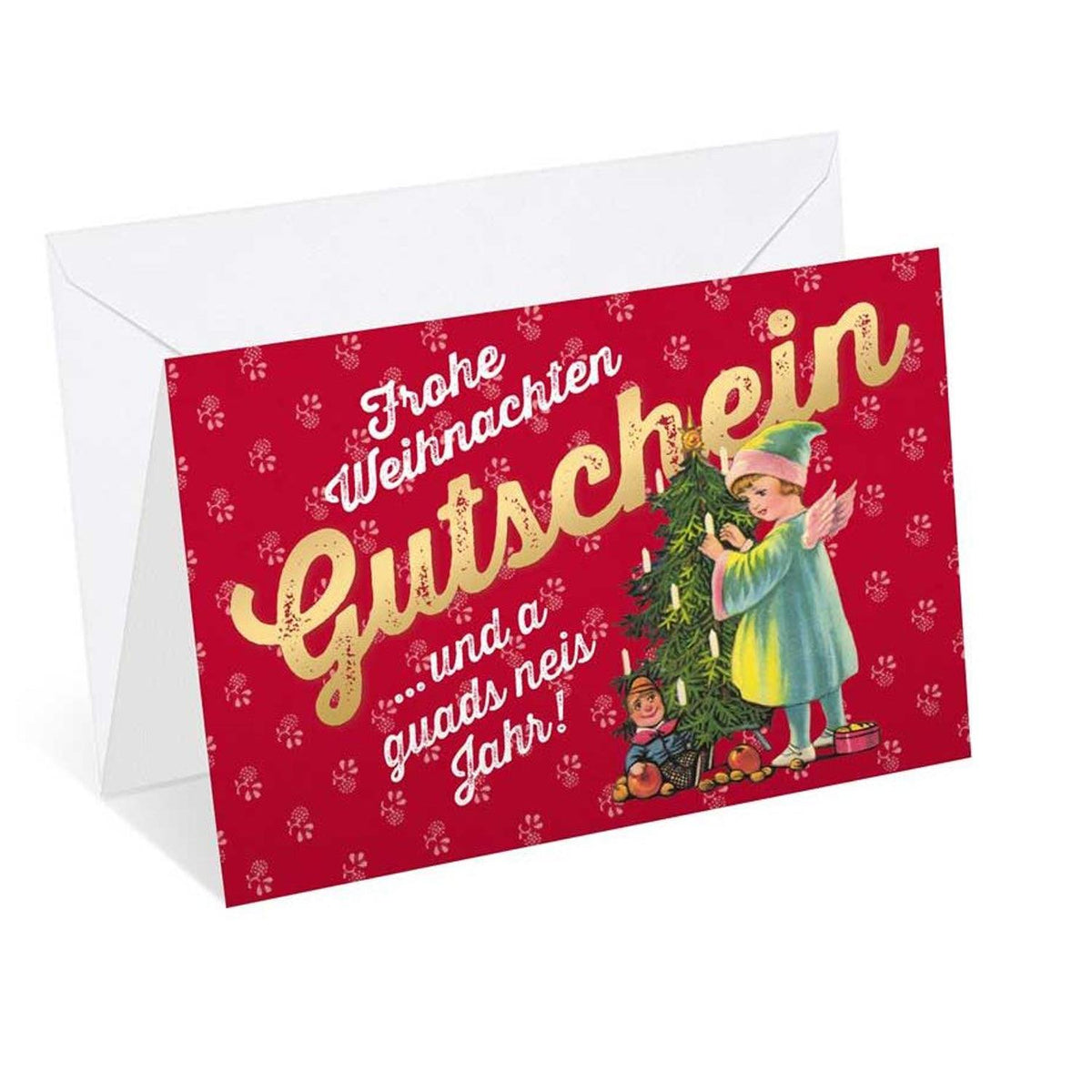 Rote Weihnachtskarte "Gutschein" mit Goldprägung, klassischem Engel am Weihnachtsbaum und weißem Umschlag.