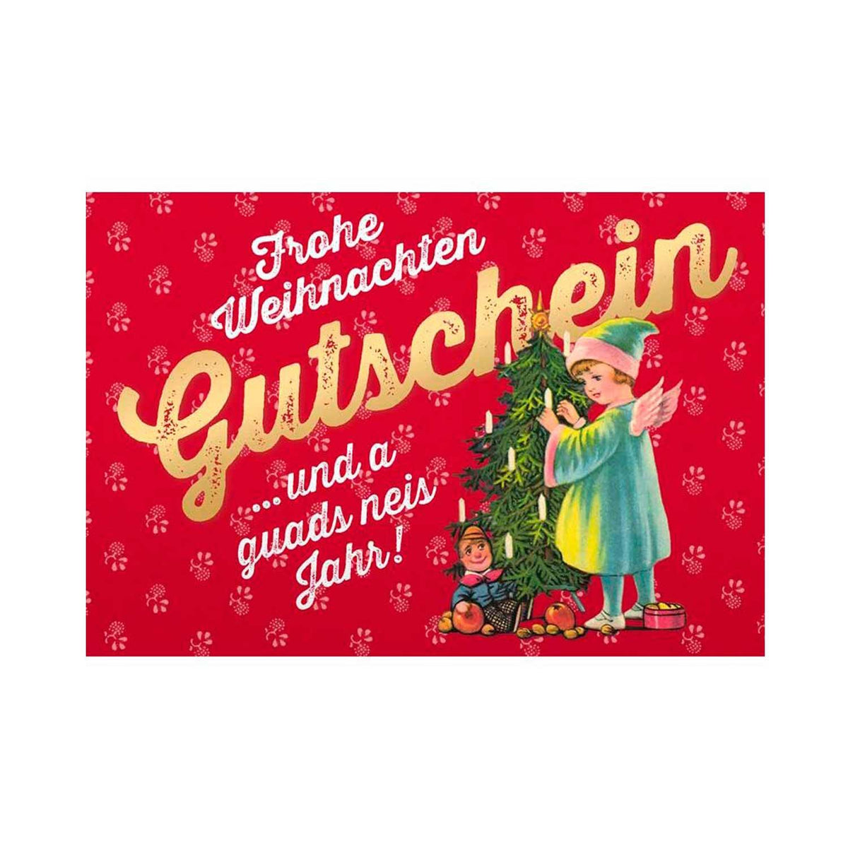 Weihnachtskarte Gutschein mit traditionellem Engel am Christbaum und Kerzen auf rotem Hintergrund.