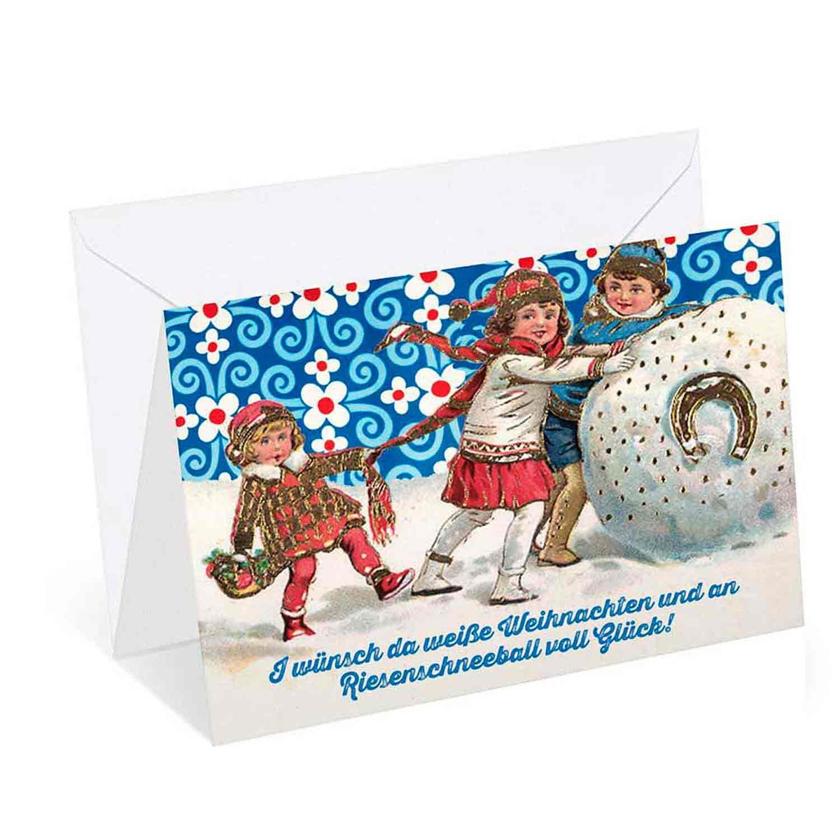 Weihnachtskarte Weiße Weihnacht mit Kindern, die einen großen Schneeball mit Hufeisen rollen.