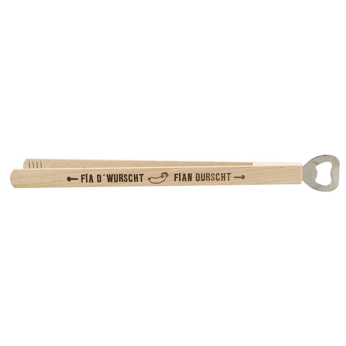 Weißwurschtzange "fia d´Wurscht - fian Durscht" aus hellem Holz mit integriertem Flaschenöffner.