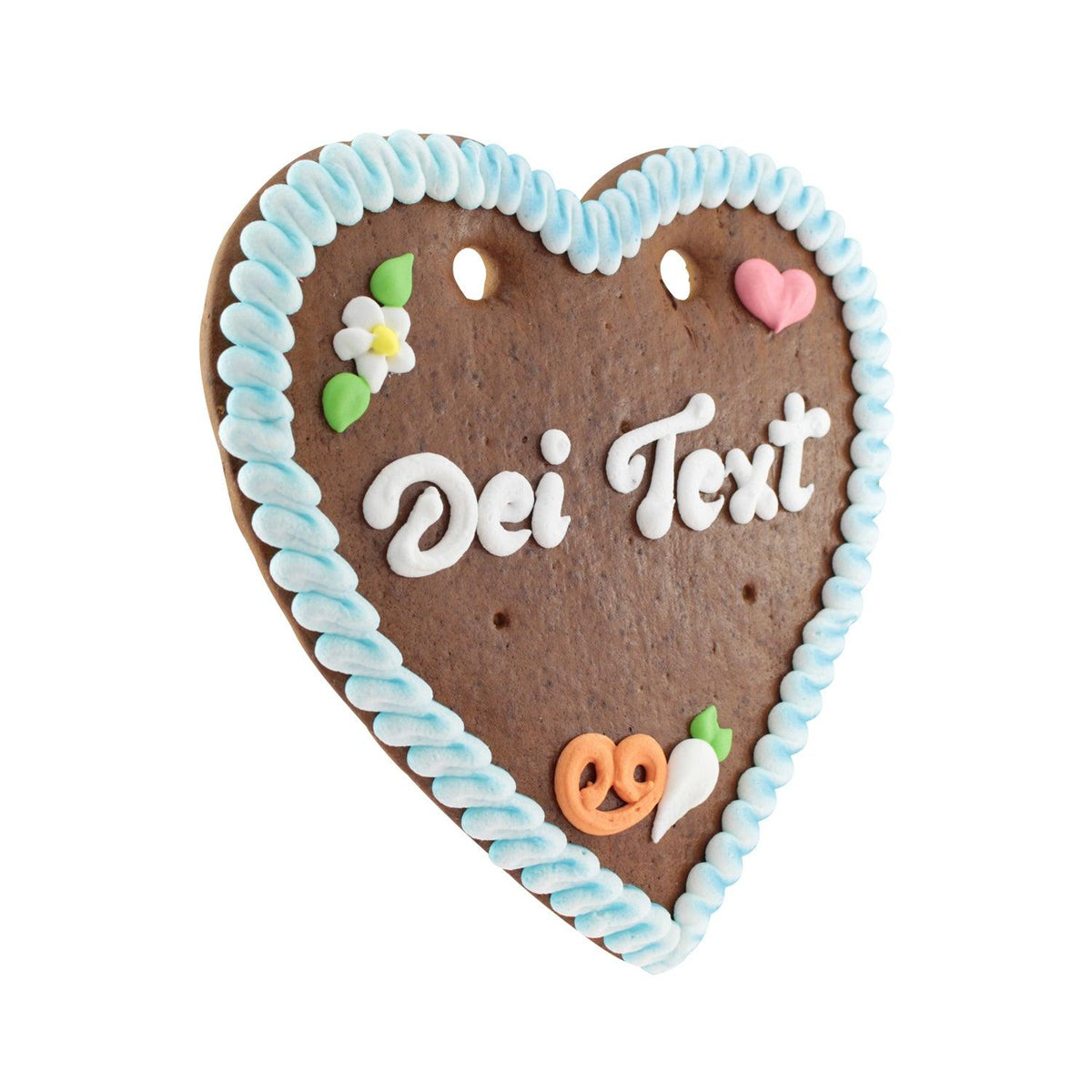 Braunes Lebkuchenherz mit hellblauem Zuckerrand, weißer Schrift "Dei Text", rosa Herz, Brezel und Blume.