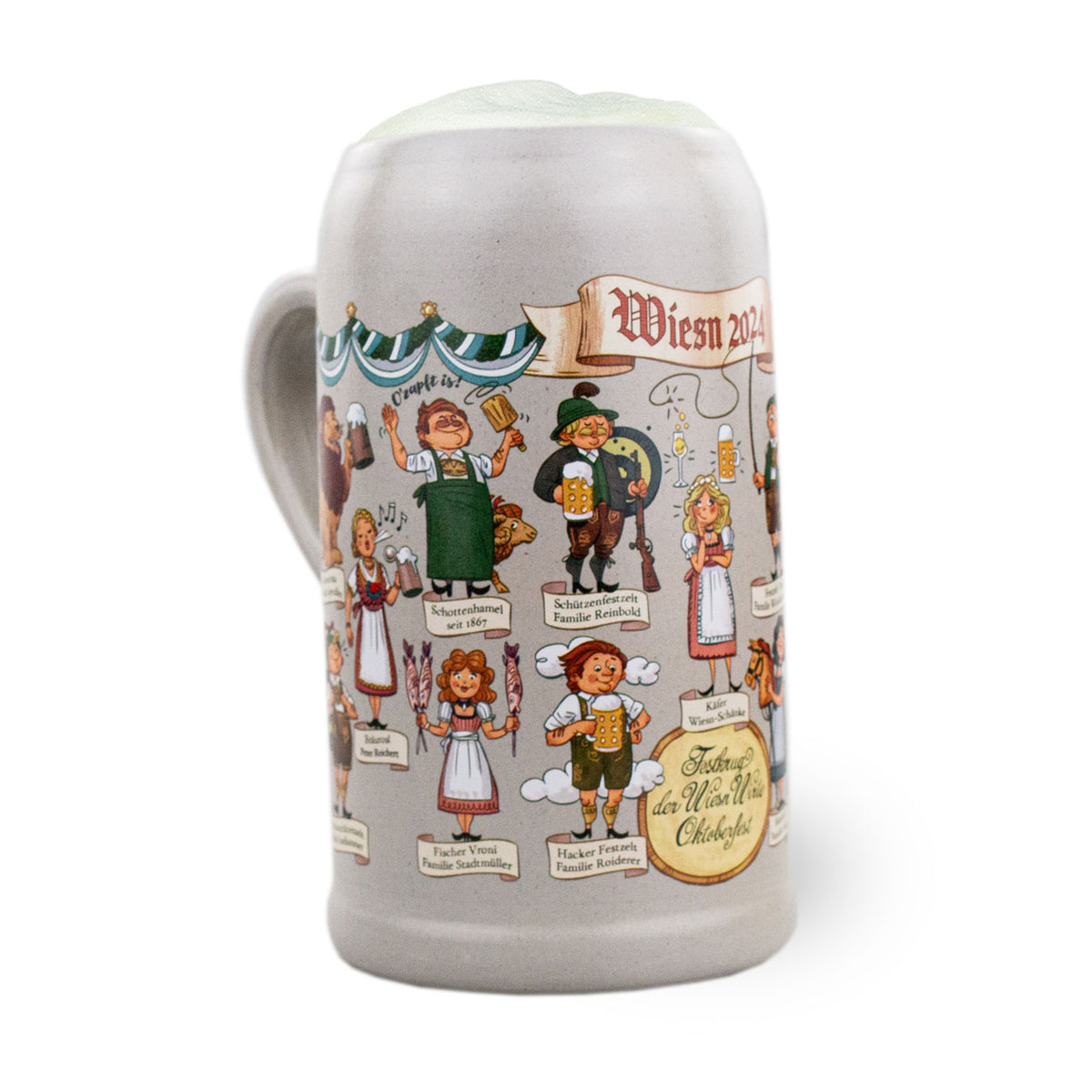 Wiesn Wirtekrug 2024 aus Keramik mit bunten Illustrationen von Münchner Oktoberfest-Figuren und Schriftzügen.