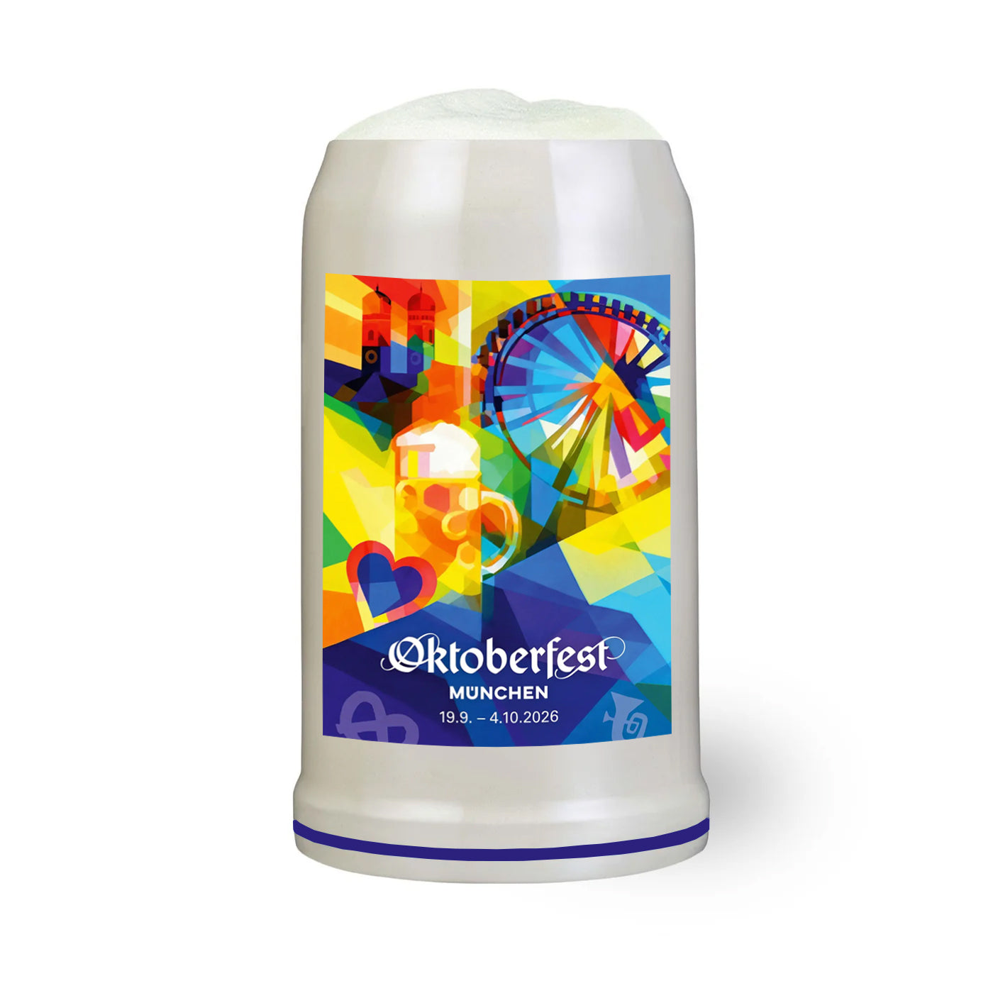 Offizieller Oktoberfestkrug 2026 mit farbenfrohem Motiv von Heiliggeistkirche und Riesenrad