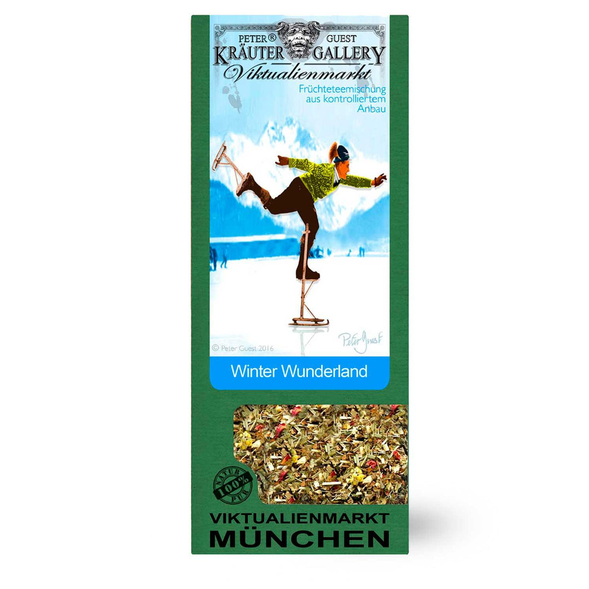 Grüne Packung von Winter Wunderland Tee mit einer Eiskunstläufer-Grafik und sichtbarer Früchteteemischung.