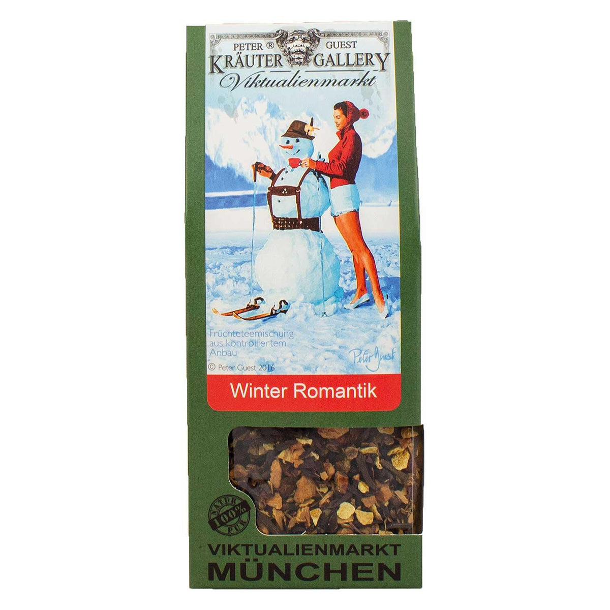 Grüne Weihnachtsbox "Weihnachtsfeier gmiatlich" mit Winter Romantik Früchtetee, Schneemann und Skifahrerin.