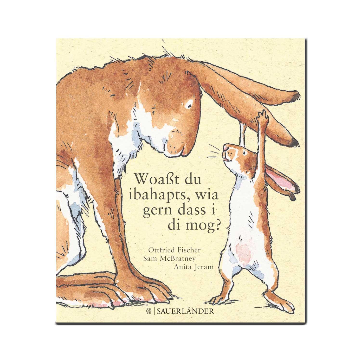 Kinderbuchcover mit einem großen und einem kleinen Hasen, die ihre Pfoten nach oben strecken, in braun-weiß Tönen.