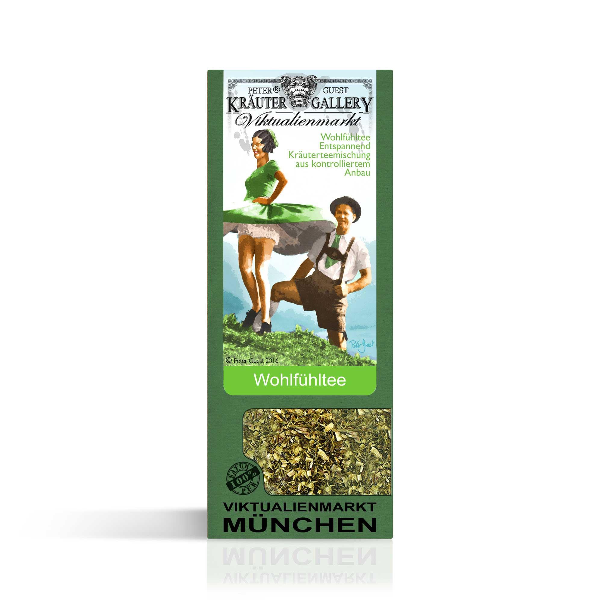 Viktualienmarkt München Wohlfühltee Packung mit origineller Illustration von bayerischen Figuren und Kräutern.