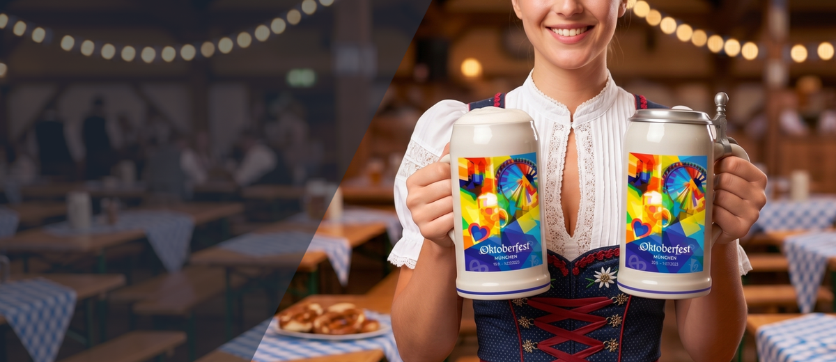 Fröhliche Dame hält zwei Oktoberfest Jahreskrüge 2025 mit traditionellem Motiv und Zinndeckel vor Souvenirladen.