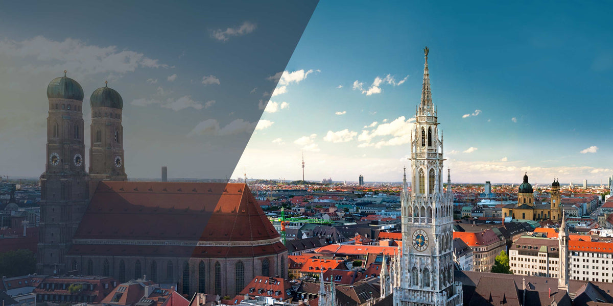 Münchner Skyline mit Frauenkirche und Rathaus am Marienplatz