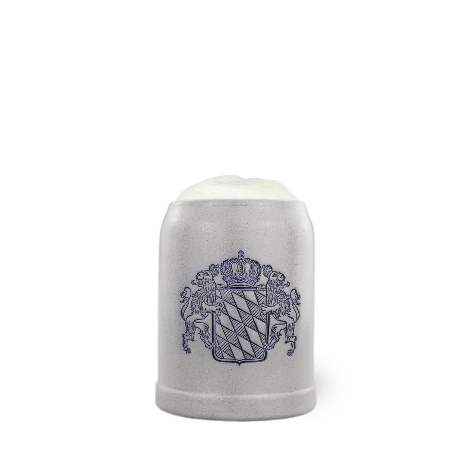Grauer Keramik-Bierkrug mit blauem Bayernwappen und Schaumkrone, Premium-Qualität, klassisches Design.