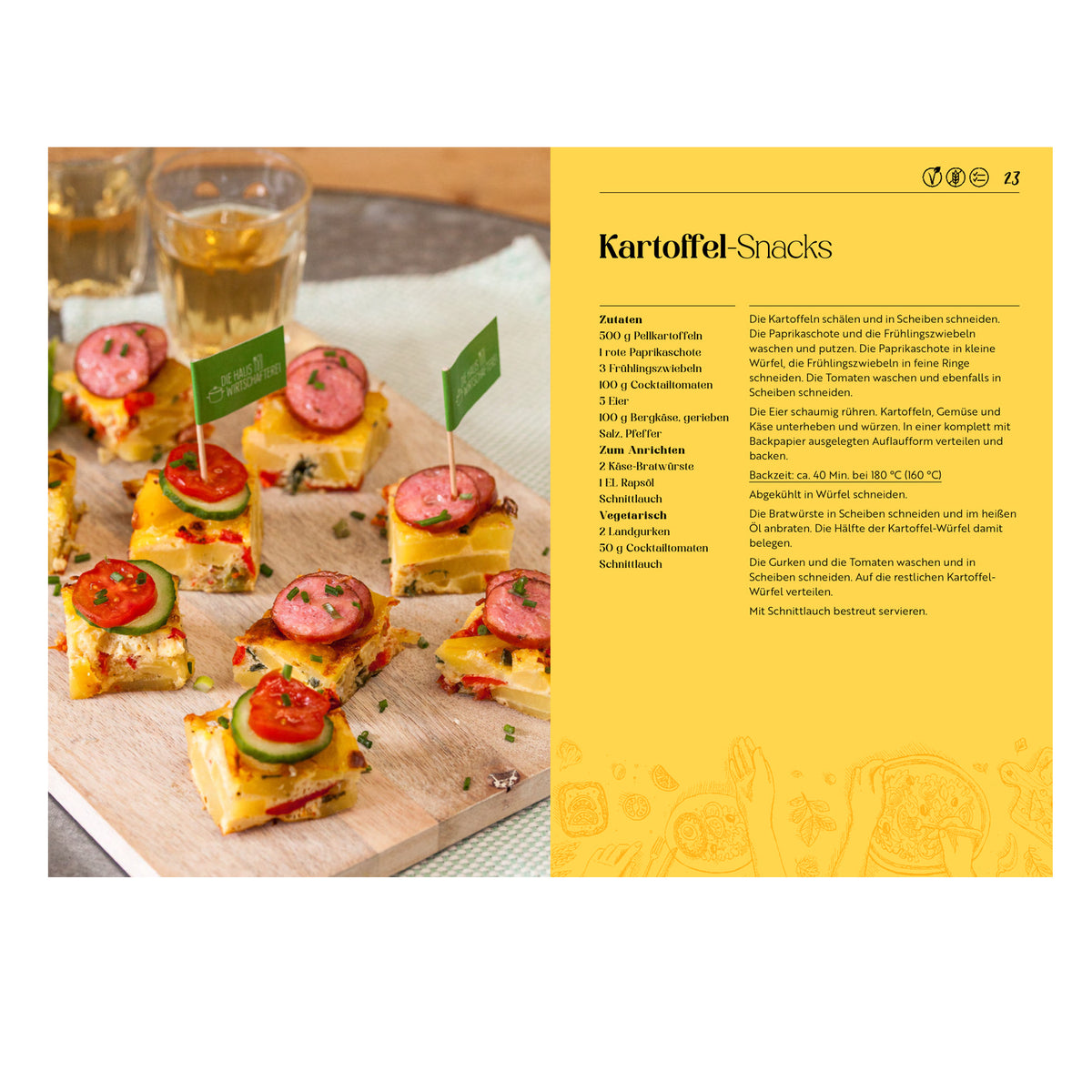 Kochbuch "Alpentapas" Rezeptseite mit Kartoffel-Snacks, belegt mit Wurst, Gurke und Tomate, Zutatenliste und Anleitung.