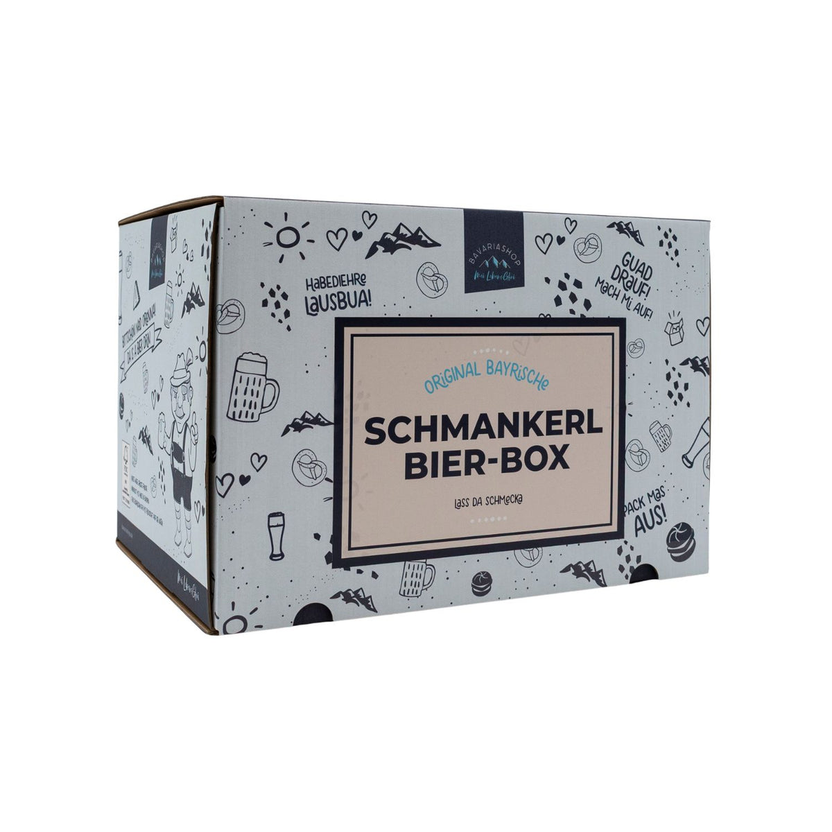 Geschenkbox „Original Bayrische Schmankerl Bier-Box“ von der Seite