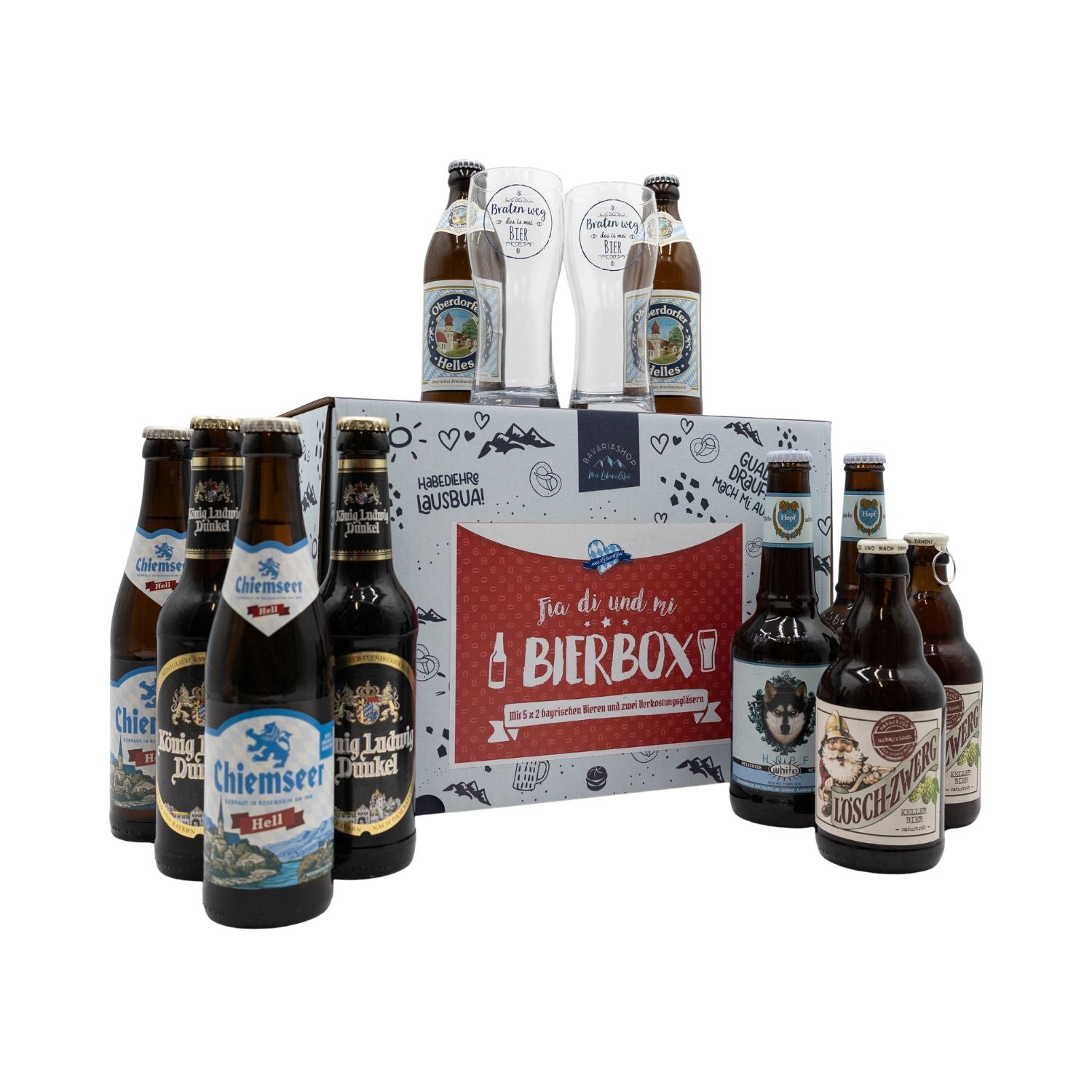Bier-Box Fia di und mi mit zehn verschiedenen bayerischen Bieren und zwei Biergläsern.