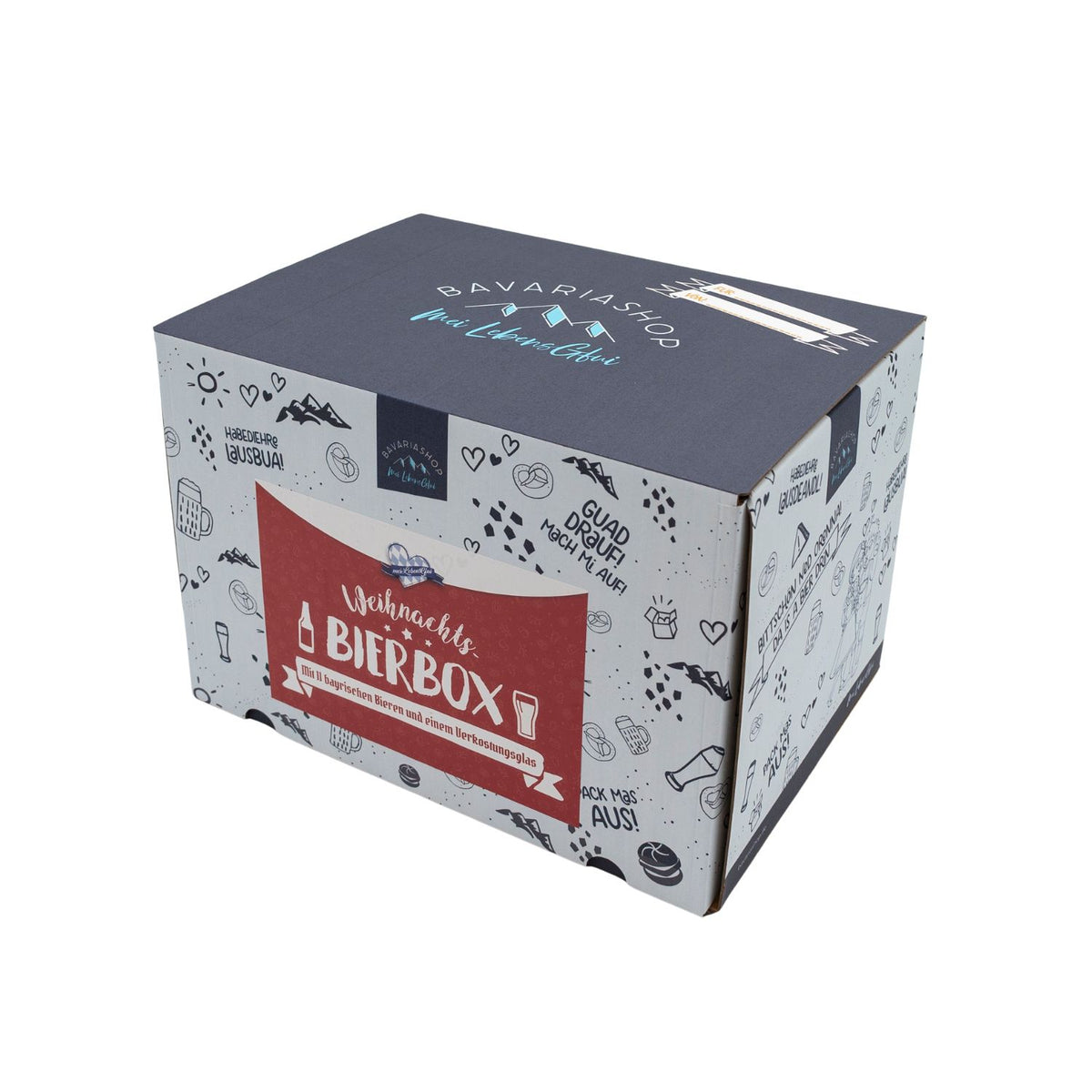 Geschlossene Weihnachts Bier-Box mit dunkelblauem Deckel und rotem Etikett