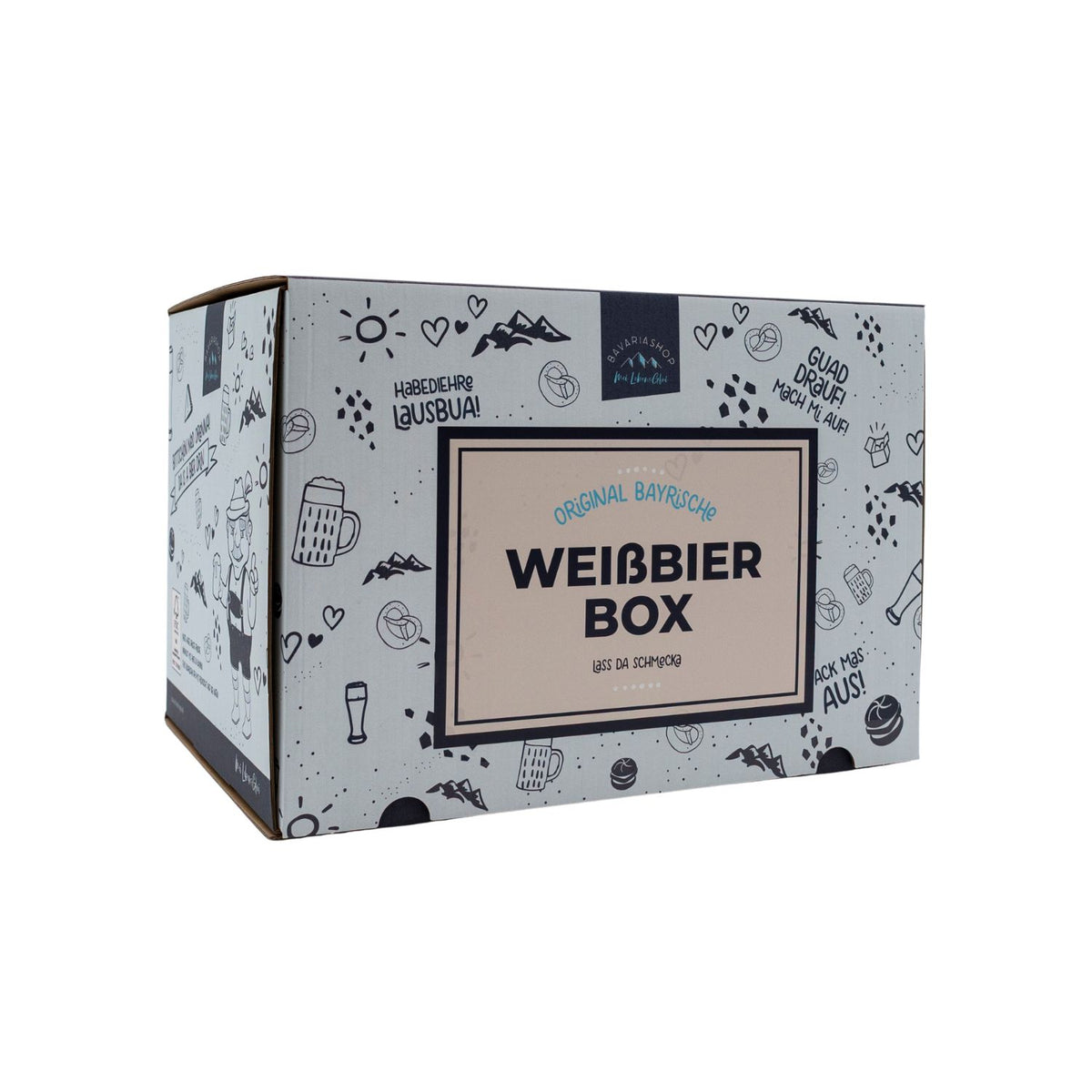 Weißbier-Geschenkbox mit bayerischen Motiven von der Seite