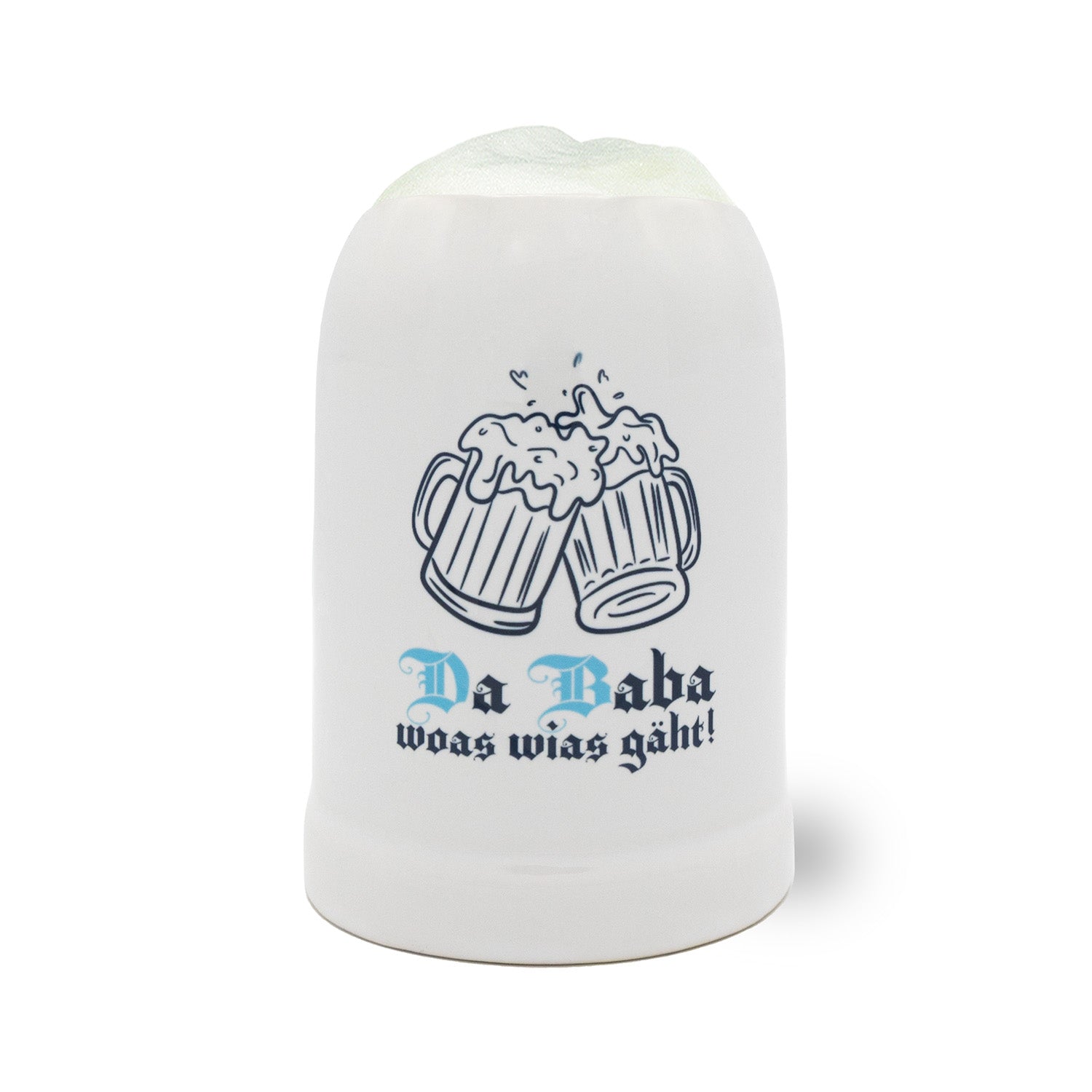 Weißer Bierkrug Da Baba woas wias gäht aus Keramik mit blauem Schriftzug und Bierkrüge-Motiv.