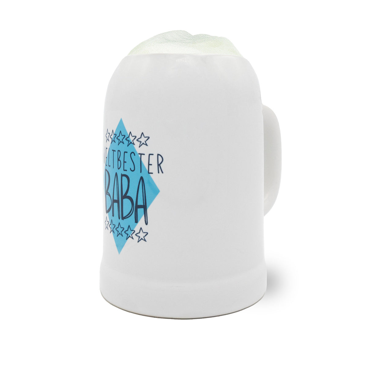 Weißer Bierkrug Weltbester Baba mit blauem Schriftzug und Sternen, gefüllt mit Schaum, Geschenk für Väter.