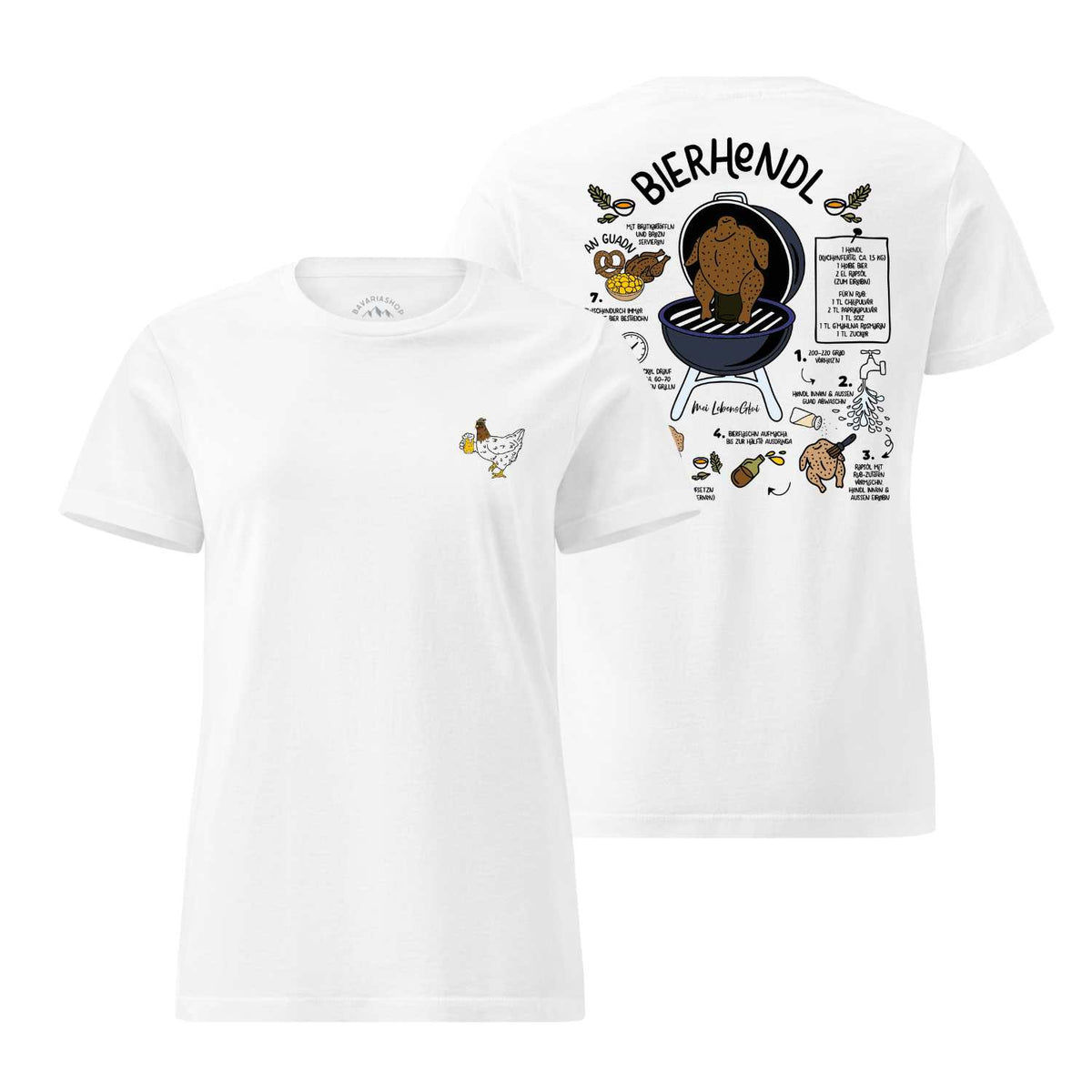 Damen Rezept T-Shirt "Bierhendl" in Weiß mit detailreicher Anleitung für Bierhähnchen auf dem Grill.