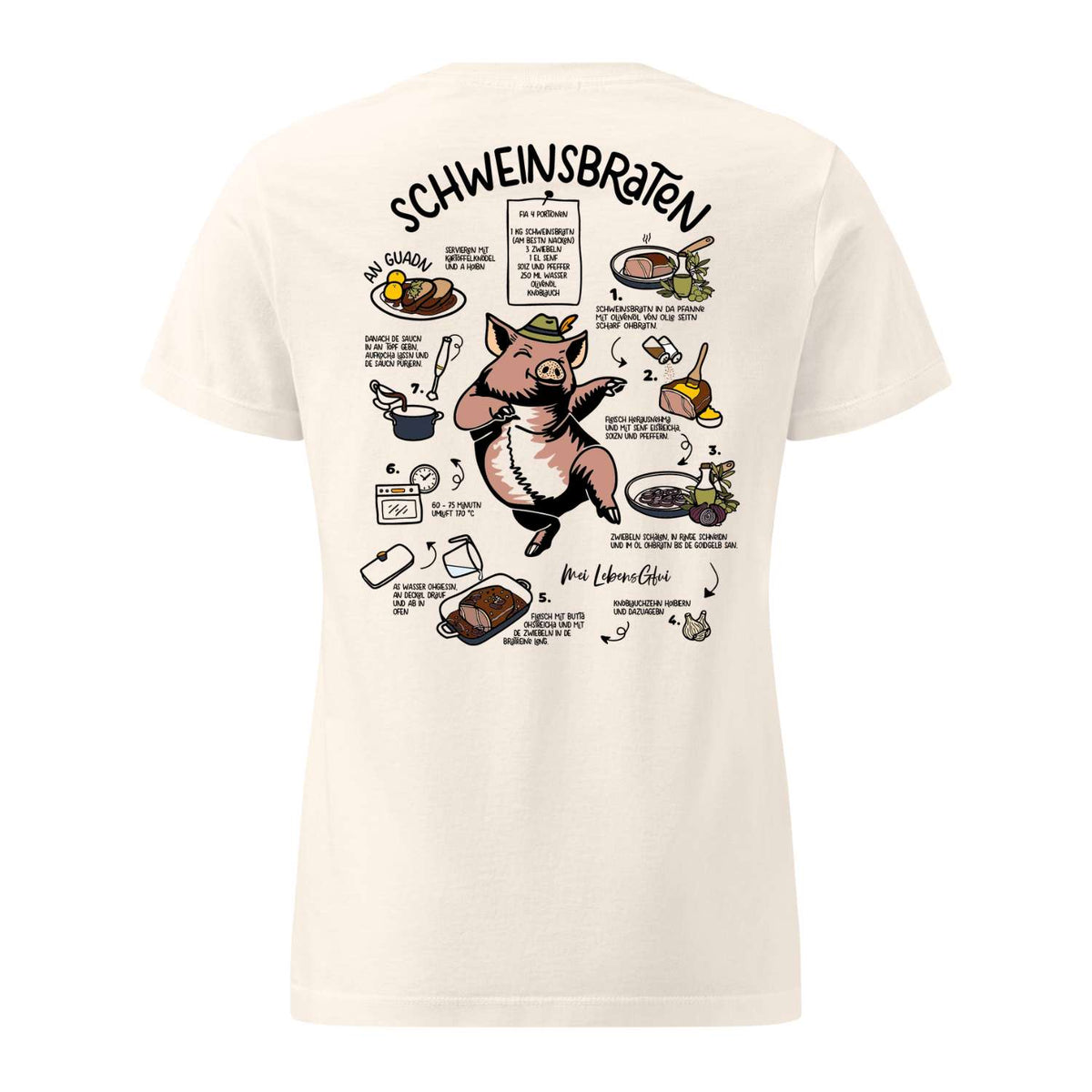 Damen Rezept T-Shirt Schweinsbraten creme mit detaillierter Anleitung und humorvollem bayerischen Design.