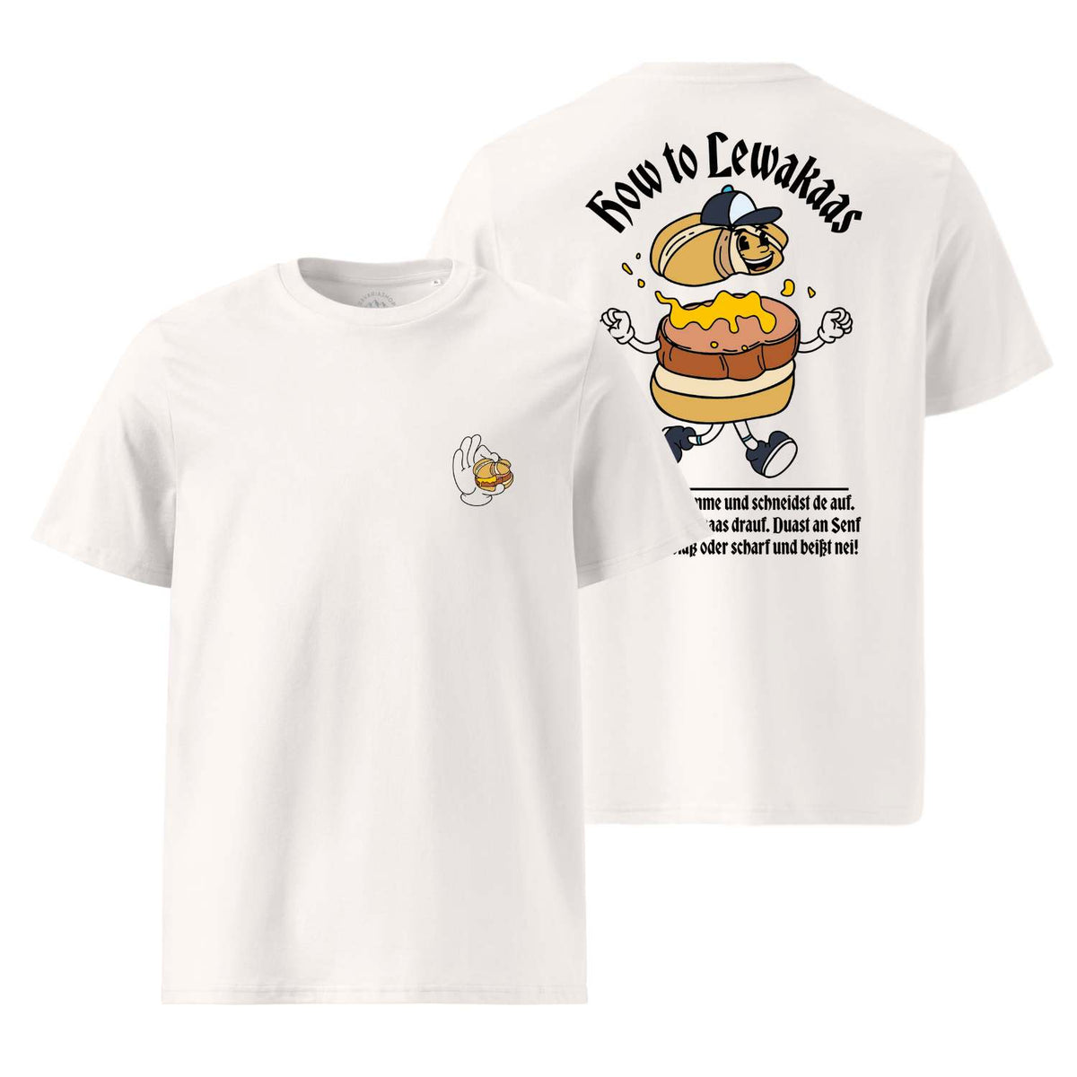 Herren Rezept T-Shirt Lewakaas, weiß mit humorvollem Leberkäse-Motiv und Rezeptausschnitt auf dem Rücken.